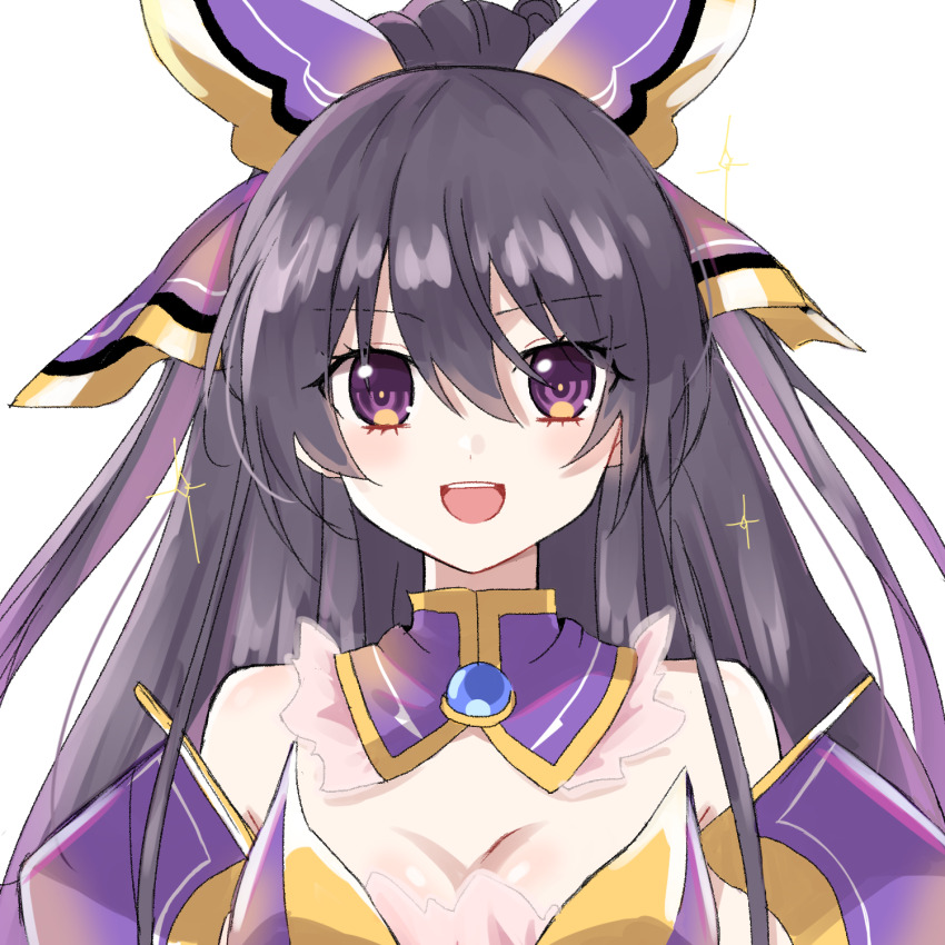 1girl armor armored_dress bare_shoulders bow breasts cleavage date_a_live detached_collar dress hair_between_eyes hair_bow highres kasuga_kaya large_breasts long_hair looking_at_viewer open_mouth purple_eyes purple_hair smile solo white_background yatogami_tohka