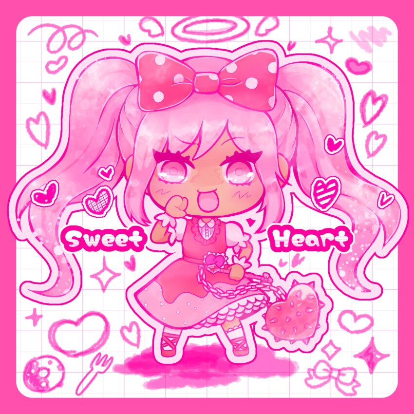 1girl 9xya10 :d border bow chain character_name collared_shirt commentary dark-skinned_female dark_skin donut dress food fork frilled_sleeves frilled_socks frills full_body hair_bow halo heart highres holding_flail kneehighs legs_apart long_hair medium_dress omori open_mouth outline outside_border petticoat pink_border pink_bow pink_dress pink_eyes pink_hair pink_shoes pink_theme polka_dot polka_dot_bow puffy_short_sleeves puffy_sleeves raised_eyebrow shirt shoes short_sleeves simple_background sleeveless sleeveless_dress smile socks solo sparkle standing straight-on sweetheart_(omori) symbol-only_commentary tongue twintails very_long_hair white_background white_halo white_outline white_shirt white_socks white_wrist_cuffs wrist_cuffs