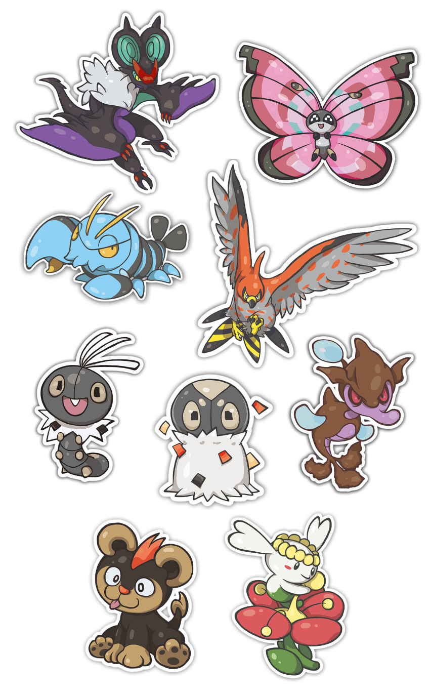 10s absurdres antennae bat_(animal) bird bug butterfly chibi clauncher claws crustacean cub dragon fish flabebe flabebe_(red_flower) flower gen_6_pokemon highres insect litleo nintendo no_humans noivern pincers pokemon pokemon_(creature) red_eyes scatterbug seahorse simple_background skrelp spewpa tail talonflame tongue tongue_out vivillon vivillon_(meadow) white_background wings yellow_eyes yoshida_nina