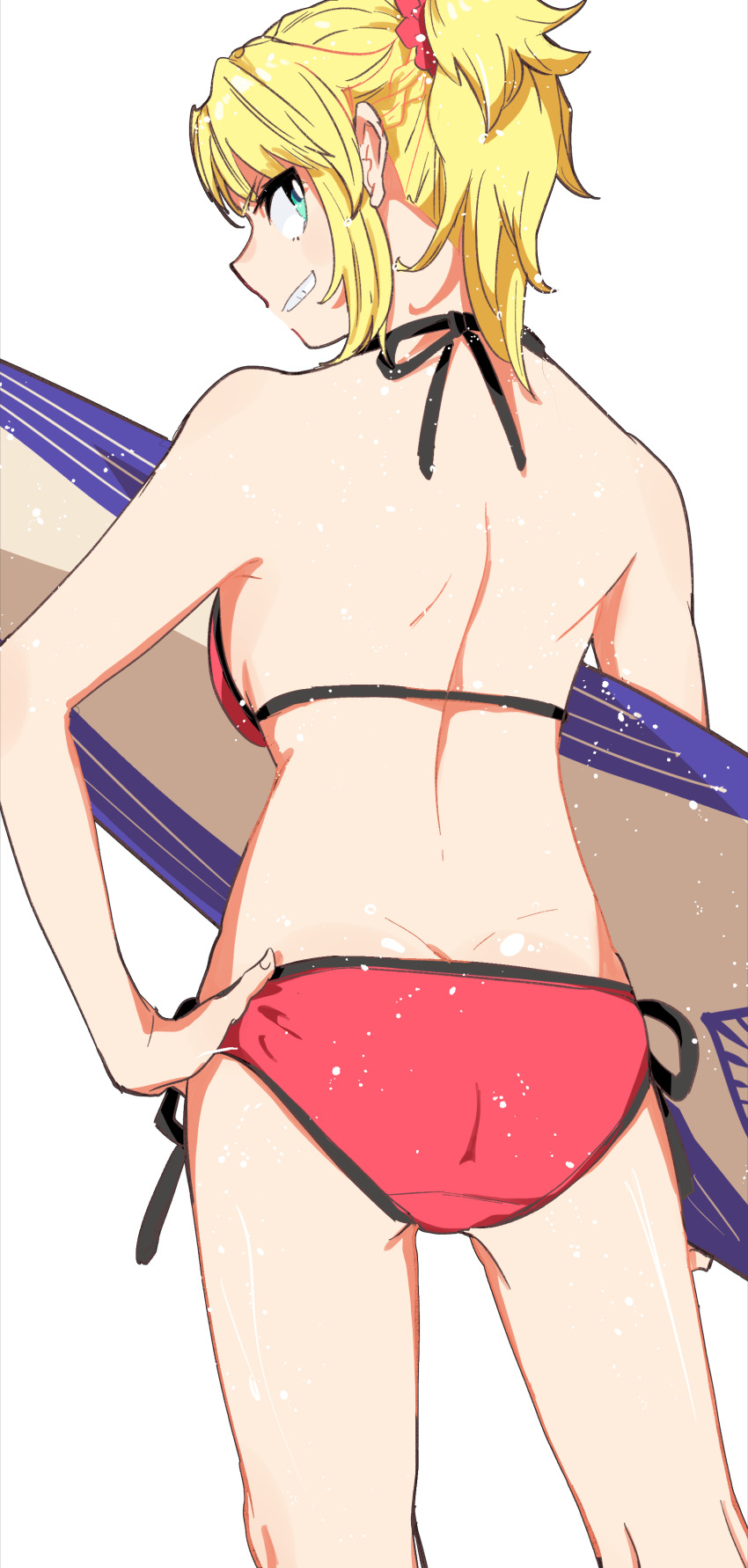 1girl absurdres ass back backboob bikini blonde_hair breasts butt_crack contrapposto fate/apocrypha fate/grand_order fate_(series) green_eyes groin_tendon hair_ornament hair_scrunchie halterneck hand_on_own_hip highres iris_(tb33064667) looking_at_viewer mordred_(fate) mordred_(fate/apocrypha) mordred_(swimsuit_rider)_(fate) mordred_(swimsuit_rider)_(first_ascension)_(fate) ponytail prydwen_(fate) red_bikini red_scrunchie scrunchie side-tie_bikini_bottom sideboob smile solo string_bikini swimsuit white_background