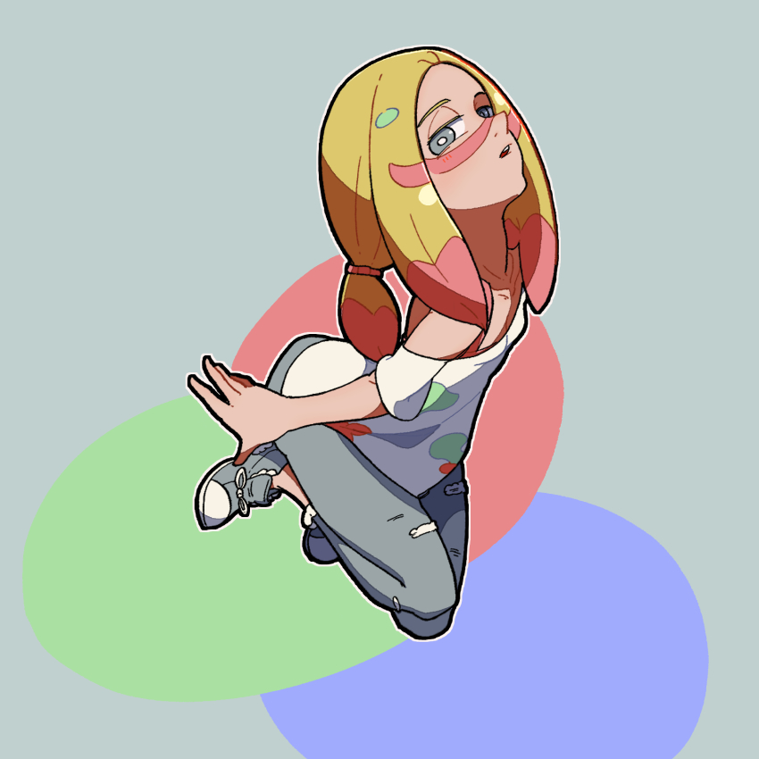 1girl 2049_(hh5566) arms_at_sides bare_shoulders blonde_hair collarbone creatures_(company) denim facepaint feet_up female_focus full_body game_freak grey_eyes half-closed_eyes highres jeans jumping long_hair looking_at_viewer looking_to_the_side low-tied_long_hair mina_(pokemon) multicolored_background nintendo no_socks off-shoulder_shirt off_shoulder open_mouth oversized_clothes oversized_shirt paint_splatter pants parted_bangs pokemon pokemon_sm shirt shoes short_sleeves sidelocks sneakers torn_clothes torn_pants