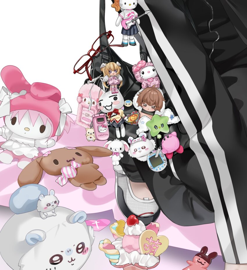 1boy absurdly_detailed_composition black_bag black_jacket black_pants cali_kki cellphone character_charm character_doll character_request charm_(object) cherry chiikawa copyright_request cosplay doko_demo_issho doll flip_phone food fruit fuwa_fuwa_cinnamoroll glasses heisei_retro hello_kitty hello_kitty_(character) highres inoue_toro jacket kaname_madoka kaname_madoka_(cosplay) kirby kirby_(series) korilakkuma kuchipatchi mahou_shoujo_madoka_magica male_focus mamametchi mametchi memetchi mitakihara_school_uniform mocha_(cinnamoroll) momonga_(chiikawa) my_sweet_piano nintendo onegai_my_melody original out_of_frame pants phone san-x sanrio school_uniform shirousa_(sugarbunnies) shoes simple_background solo stuffed_toy sugarbunnies tamagotchi tamagotchi_(classic) tamagotchi_(virtual_pet) virtual_pet_(toy) white_background white_shoes yoshikitty