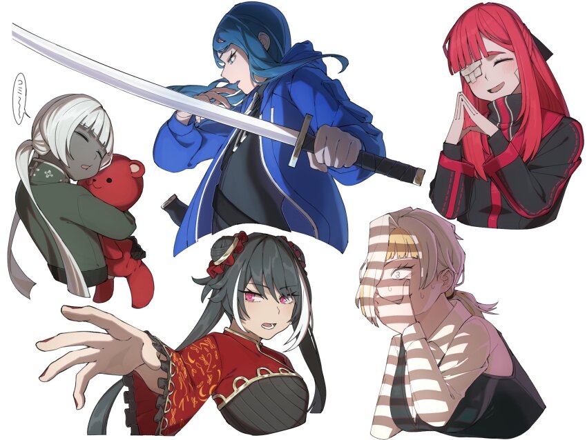 5girls bari_(project_moon) black_bow black_hair black_jacket blue_hair blue_jacket bow charon_(project_moon) closed_eyes colored_skin dress grey_dress grey_skin hair_bow hands_up heiya_desu highres holding holding_sword holding_weapon hug jacket jia_xichun_(project_moon) kkomi_(project_moon) kromer_(project_moon) limbus_company long_hair long_sleeves low_ponytail multicolored_hair multiple_girls open_mouth pink_eyes pink_hair ponytail project_moon short_hair_with_long_locks sidleocks simple_background smile streaked_hair stuffed_animal stuffed_toy sword teddy_bear twintails very_long_hair weapon white_background white_hair yuri_(project_moon)