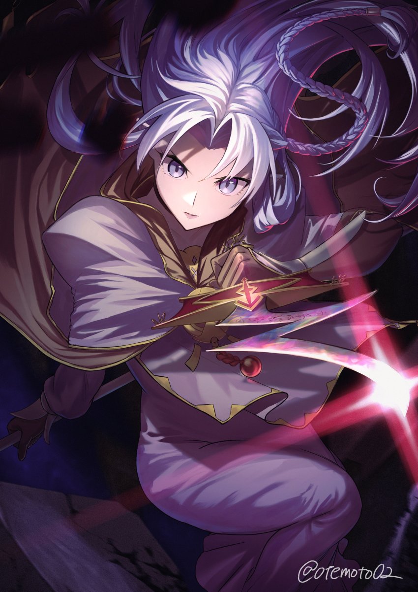 1girl absurdres blue_eyes blue_hair braid dress fate/stay_night fate_(series) highres knife long_hair long_skirt medea_(caster)_(fate) medea_(fate) moto_(otemoto02) pointy_ears purple_dress robe rulebreaker side_braid skirt staff weapon