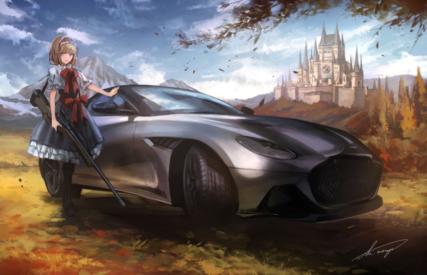 1girl ai_arctic_warfare alice_margatroid blonde_hair bolt_action bow car dress frilled_dress frills gun highres holding holding_gun holding_weapon koh_(minagi_kou) motor_vehicle outdoors palace puffy_short_sleeves puffy_sleeves rifle short_sleeves sky sniper_rifle touhou vehicle_focus vehicle_request weapon
