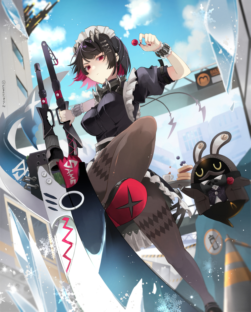 1girl bangboo_(zenless_zone_zero) black_dress black_hair black_pantyhose blue_sky candy colored_inner_hair dress ellen_joe fins fish_tail food hairband highres holding holding_candy holding_food holding_lollipop holding_scythe komesiwo_syumi lollipop maid maid_headdress metal_hairband mole mole_under_eye multicolored_hair outdoors pantyhose razor_blade_hair_ornament red_eyes red_nails scar scar_on_tail scythe shark_girl shark_tail short_hair sky spiked_headband tail zenless_zone_zero