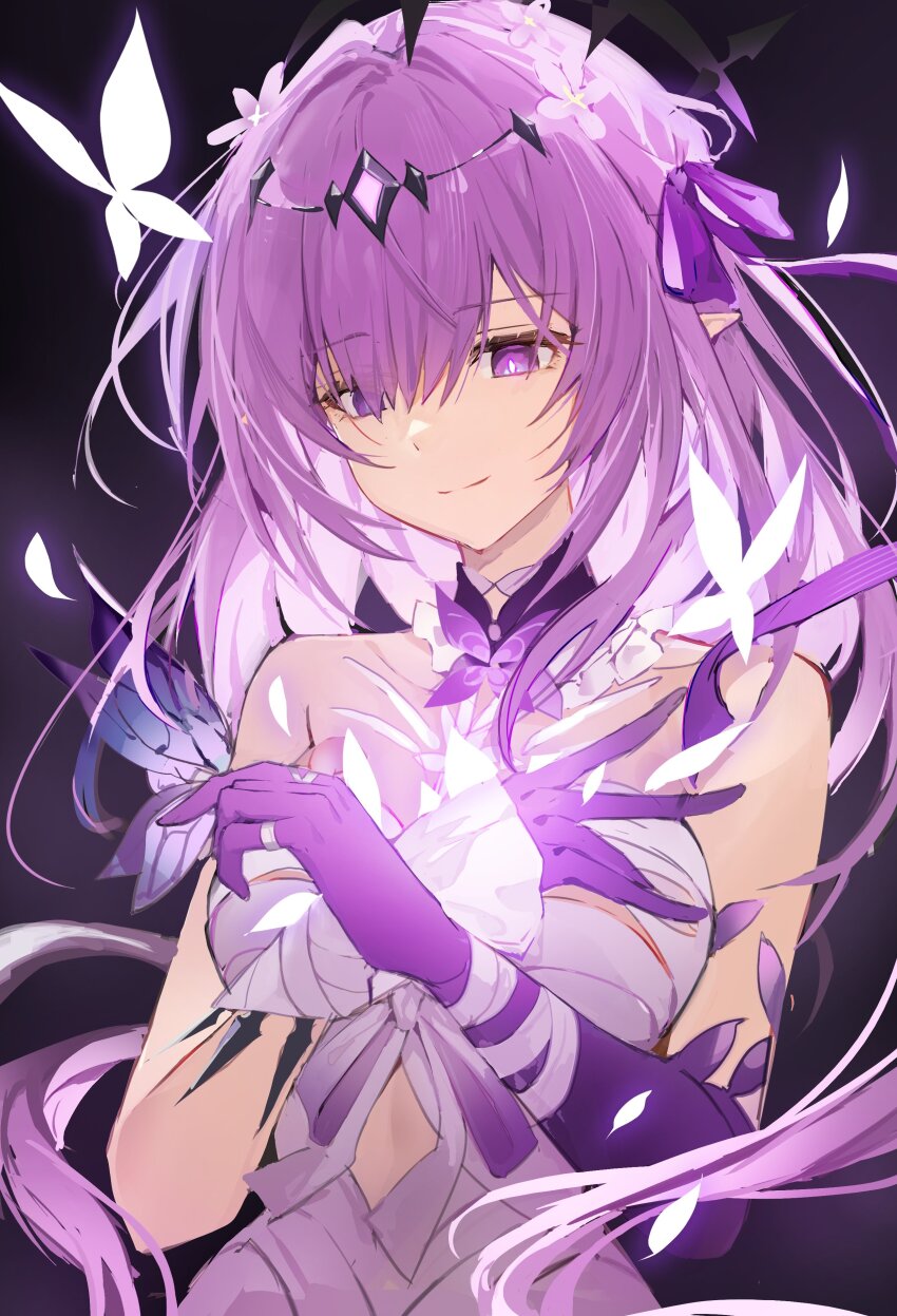 1girl absurdres b_soyo1 bikini black_bikini black_tiara bug butterfly butterfly_on_hand castorice_(honkai:_star_rail) dress flower gloves hair_flower hair_ornament hashtag-only_commentary highres honkai:_star_rail honkai_(series) insect long_hair pointy_ears purple_eyes purple_gloves purple_hair smile solo swimsuit tiara upper_body white_dress
