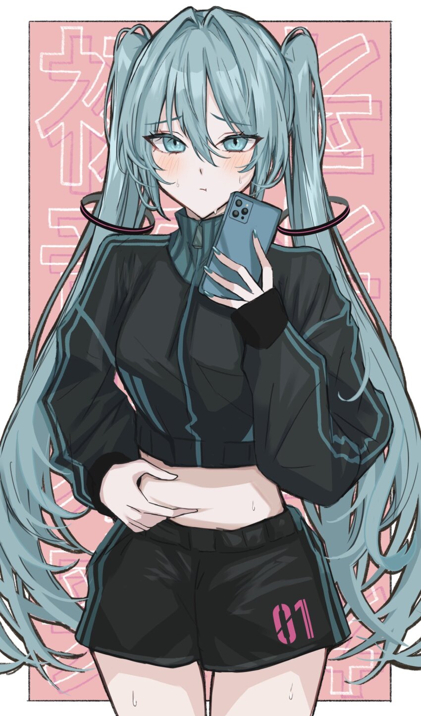 1girl :t aqua_eyes aqua_hair aqua_nails aqua_trim belly_grab black_jacket black_shorts blush breasts cellphone check_commentary closed_mouth commentary_request cowboy_shot crop_top cropped_jacket garan_(garan0502) gym_shorts hair_between_eyes hair_ornament hand_up hatsune_miku high_collar highres holding holding_phone jacket long_hair long_sleeves looking_at_viewer midriff mirror_selfie nail_polish number_print phone selfie short_shorts shorts sidelocks sleeves_past_wrists smartphone solo standing stomach sweat taking_picture track_jacket twintails very_long_hair vocaloid weight_conscious