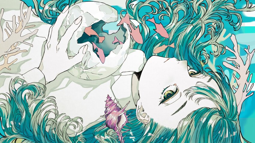 1girl animal aqua_hair character_request closed_mouth coral egg expressionless eyelashes fingernails fish green_eyes highres holding indie_utaite long_hair long_sleeves looking_at_viewer lying maguru_white nail_polish solo utaite