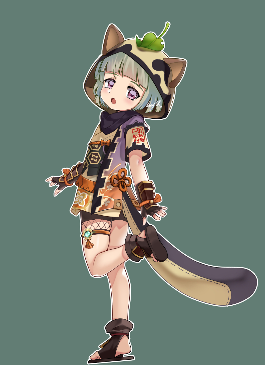 1girl absurdres animal_ears animal_hood black_gloves blunt_bangs child fake_animal_ears fingerless_gloves genshin_impact gloves green_background grey_hair highres hood japanese_clothes leaf leaf_on_head looking_at_viewer open_mouth purple_eyes raccoon_ears raccoon_tail sayu_(genshin_impact) short_hair simple_background solo tail younggk