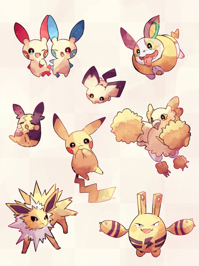 :d :o =_= animal_focus beak bird blue_eyes colored_skin commentary_request dog dot_nose elekid fangs gen_1_pokemon gen_2_pokemon gen_3_pokemon gen_7_pokemon gen_8_pokemon green_eyes hanabusaoekaki highres jolteon lightning_bolt_symbol minun morpeko morpeko_(full) nintendo no_humans one_eye_closed open_mouth oricorio oricorio_(pom-pom) pichu pikachu plusle pokemon pokemon_(creature) red_eyes simple_background sleeping smile solid_circle_eyes solid_oval_eyes tail tongue tongue_out white_background yamper yellow_fur yellow_skin