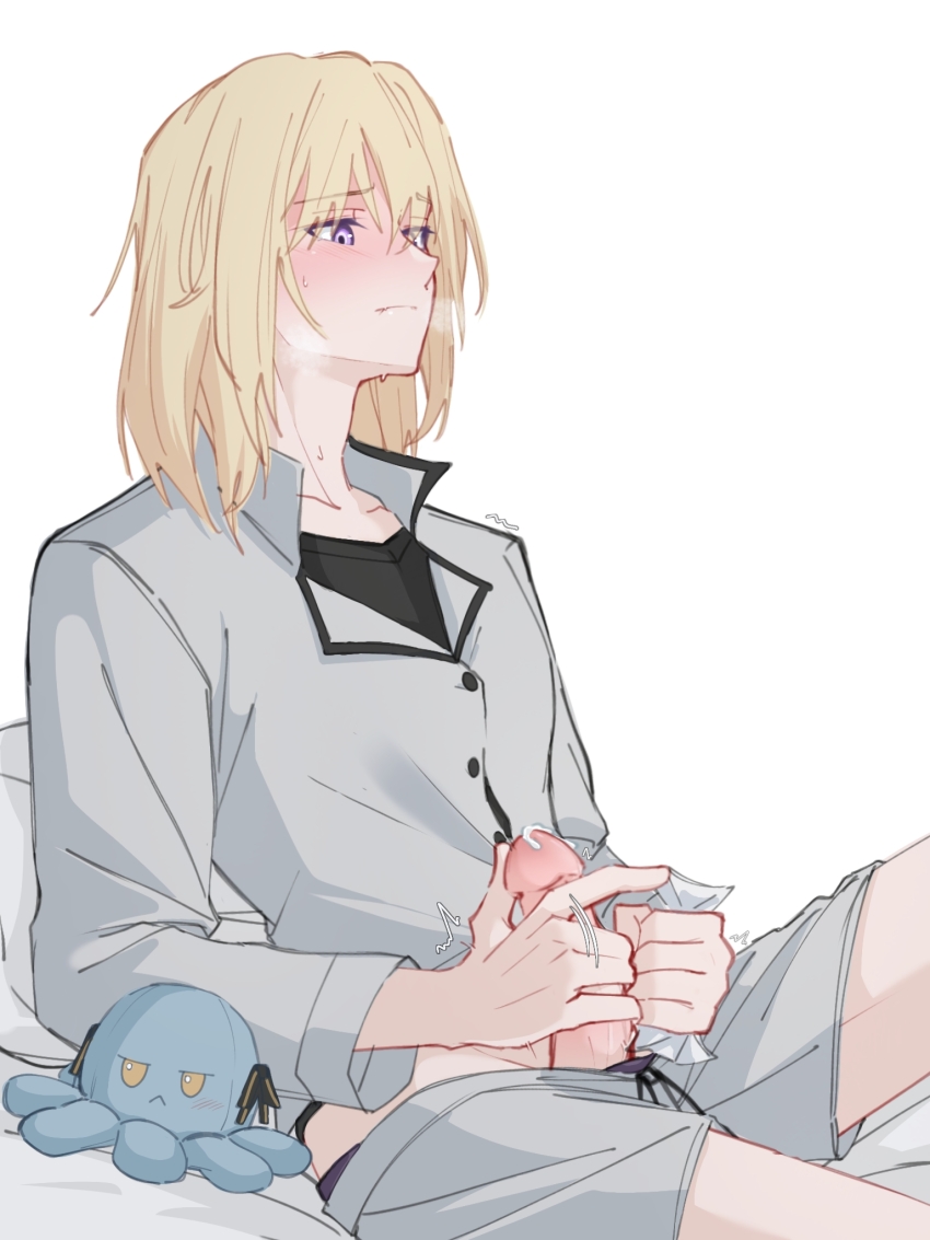 1futa amakuma bang_dream! bang_dream!_it&#039;s_mygo!!!!! blonde_hair blush closed_mouth clothes_pull commentary futanari futanari_masturbation grey_shirt grey_shorts hair_between_eyes highres long_sleeves masturbation medium_hair medium_penis misumi_uika penis precum purple_eyes shirt shorts shorts_pull simple_background solo sweat togawa_sakiko white_background