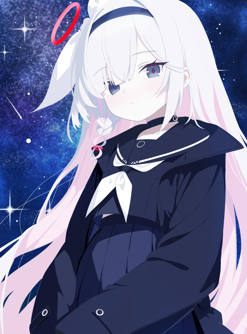 1girl absurdres black_choker black_hairband black_jacket black_sailor_collar black_serafuku black_shirt black_skirt blue_archive braid choker closed_mouth gallve grey_eyes hair_over_one_eye hair_ribbon hairband halo highres jacket long_hair looking_at_viewer multicolored_hair neckerchief pink_hair plana_(blue_archive) red_halo ribbon sailor_collar school_uniform serafuku shirt sidelocks single_braid skirt solo space two-tone_hair white_hair white_neckerchief white_ribbon
