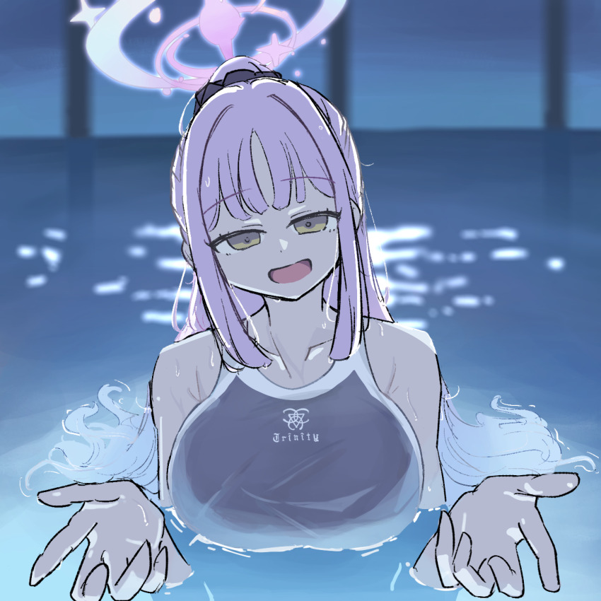 1girl absurdres bare_shoulders black_one-piece_swimsuit blue_archive breasts chainsaw_man competition_swimsuit halo high_ponytail highres huge_breasts i&#039;ll_teach_you_everything_(chainsaw_man) large_breasts long_hair mika_(blue_archive) movie_reference one-piece_swimsuit open_mouth partially_submerged pink_hair pink_halo ponytail pool scene_reference smile solo swimsuit u_minchu_kb upper_body water wet wet_hair yellow_eyes