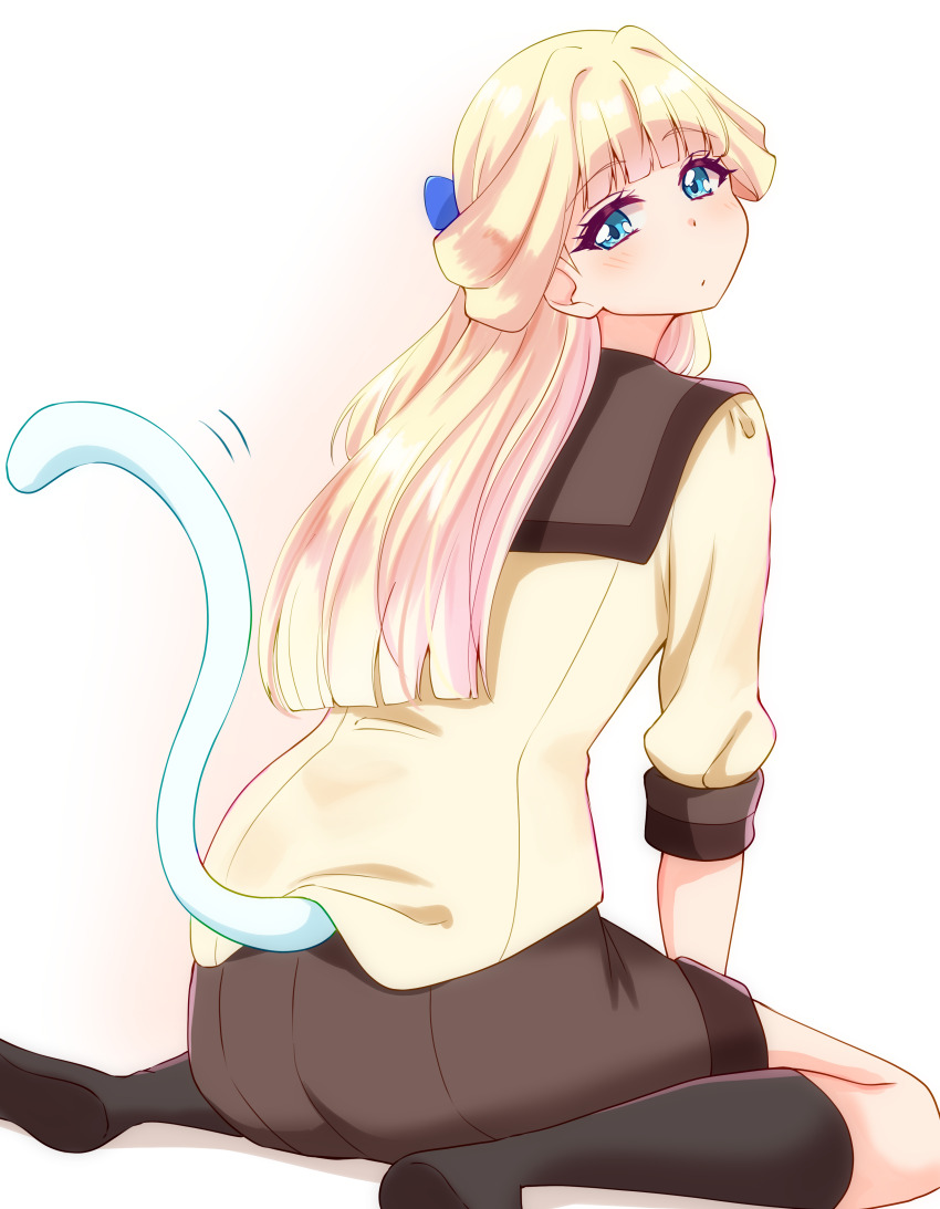1girl absurdres black_socks blonde_hair blouse blue_eyes brown_sailor_collar brown_shorts cat_tail closed_mouth commentary from_behind half-closed_eyes half_updo highres light_frown looking_at_viewer looking_back motion_lines nekoyashiki_yuki precure sailor_collar school_uniform second_wangan_school_uniform serafuku shirt short_sleeves shorts simple_background sitting socks solo sugimura_mickey tail white_background white_shirt wonderful_precure!