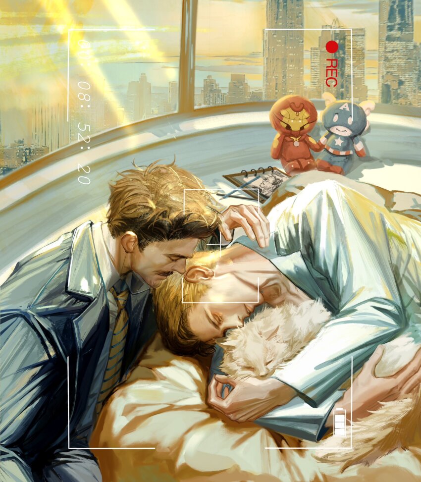 2boys animal animal_ears animal_hug animal_nose avengers_(series) black_jacket blonde_hair blue_shirt brown_hair building cat cat_ears cat_tail character_doll city clipboard closed_eyes closed_mouth cloud cloudy_sky collarbone collared_shirt doll facial_hair hand_up highres indoors jacket lapels long_sleeves lying male_focus marvel marvel_cinematic_universe multiple_boys necktie on_side open_clothes open_jacket peachline1106 pencil pet pillow recording shirt short_hair sitting sky skyscraper sleeping smile steve_rogers striped_necktie suit_jacket sunlight sunset tail teeth tony_stark viewfinder white_fur white_shirt window yaoi yellow_necktie