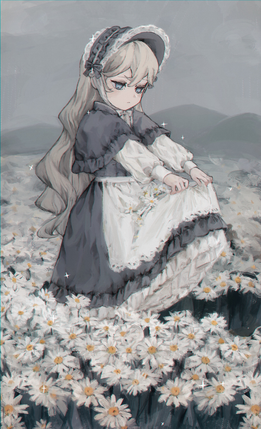 1girl apron blue_eyes bonnet child daisy dress expressionless field flower flower_field frilled_dress frills grey_dress grey_sky highres long_hair long_sleeves original outdoors skirt_basket skirt_hold sky solo sparkle standing tomoja_rs white_apron white_flower white_hair