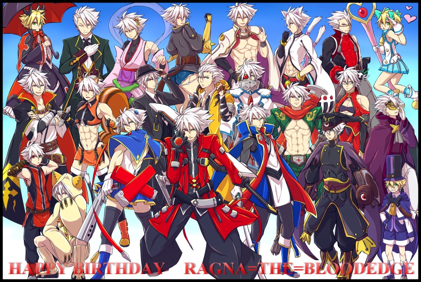 6+boys amane_nishiki amane_nishiki_(cosplay) animal_ears belt black_pants blazblue blazblue:_chronophantasma blonde_hair blue_footwear blue_skirt boots bow bullet_(blazblue) bullet_(blazblue)_(cosplay) cape carl_clover carl_clover_(cosplay) cat_boy cat_ears cat_tail character_name coat cosplay costume_chart crossdressing eyepatch frown gloves green_eyes gun hair_ornament hairpin happy_birthday hat hazama hazama_(cosplay) heterochromia highres iron_tager iron_tager_(cosplay) jin_kisaragi_(cosplay) kagura_mutsuki kagura_mutsuki_(cosplay) kisaragi_jin knee_boots kokonoe_(blazblue) kokonoe_(cosplay) lao_jiu litchi_faye_ling litchi_faye_ling_(cosplay) makoto_nanaya makoto_nanaya_(cosplay) male_focus mask multiple_boys multiple_persona muscular noel_vermillion noel_vermillion_(cosplay) nu-13 nu-13_(cosplay) pants platinum_the_trinity platinum_the_trinity_(cosplay) rachel_alucard rachel_alucard_(cosplay) ragna_the_bloodedge red_bow red_eyes relius_clover relius_clover_(cosplay) reverse_grip ruuto_(ruto3) topless_male shishigami_bang shishigami_bang_(cosplay) shoes short_twintails skirt smile spiked_hair squirrel_ears squirrel_tail staff sword tail taokaka taokaka_(cosplay) top_hat tsubaki_yayoi tsubaki_yayoi_(cosplay) twintails valkenhayn_r_hellsing valkenhayn_r_hellsing_(cosplay) weapon white_hair aged_down yuuki_terumi yuuki_terumi_(cosplay)
