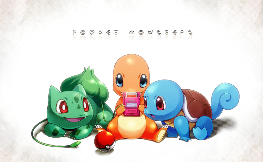 1990s_(style) :o bad_id bad_pixiv_id blue_eyes bulbasaur charmander copyright_name game_boy game_boy_color game_boy_pocket gen_1_pokemon gen_2_pokemon handheld_game_console holding kito_(jiraichi) meta nintendo no_humans playing_games poke_ball pokemon pokemon_(creature) pokemon_rgby red_eyes retro_artstyle squirtle starter_pokemon_trio unown unown_c unown_e unown_k unown_m unown_n unown_o unown_p unown_r unown_s unown_t unownglyphics video_game