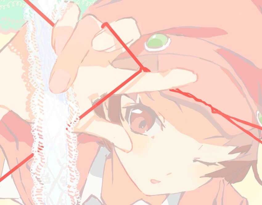 1girl brown_hair cabbie_hat g20chaos green_ribbon hand_up hat highres index_finger_raised lace lace_ribbon looking_at_viewer monogatari_(series) nademonogatari one_eye_closed open_mouth pink_hat portrait red_eyes ribbon sengoku_nadeko shadow short_hair simple_background solo string string_of_fate unworn_ribbon white_ribbon yellow_background