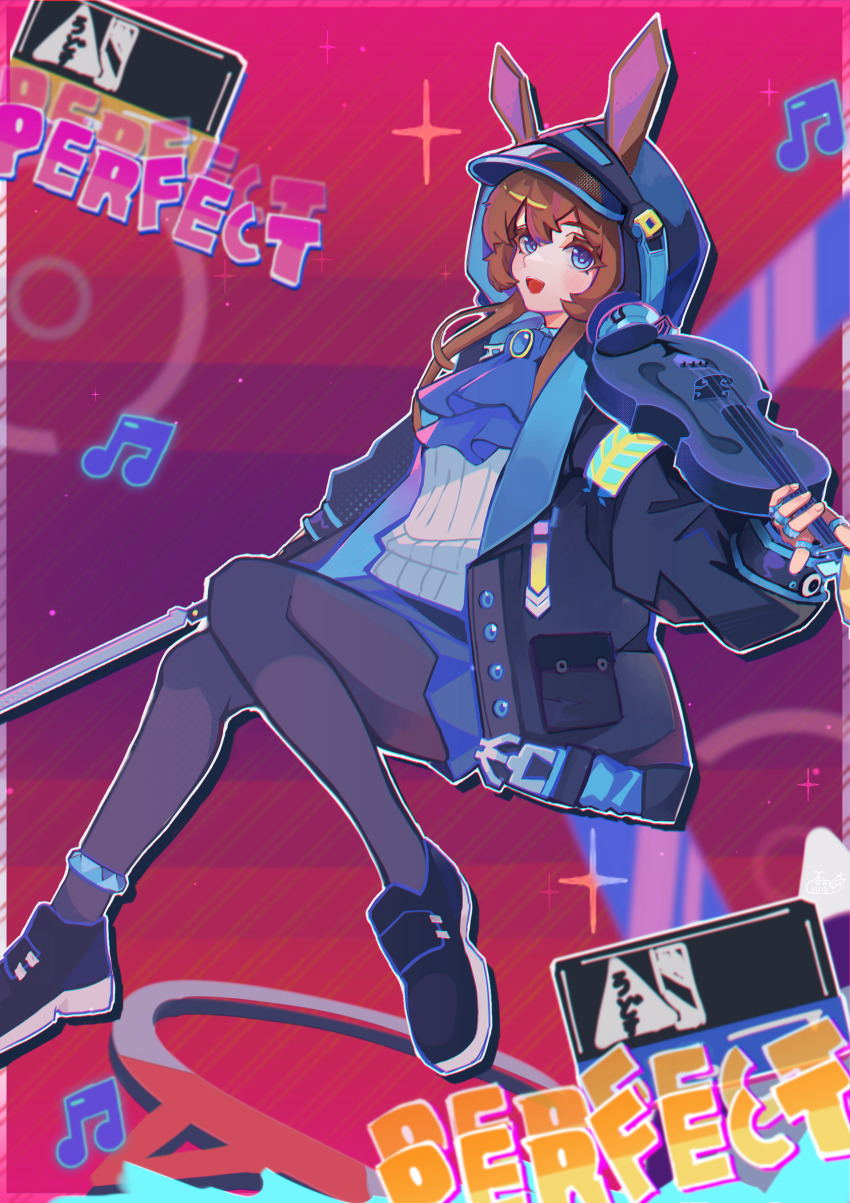 1girl :d amiya_(arknights) animal_ears arknights ascot beamed_eighth_notes black_jacket black_pantyhose black_shoes blue_ascot blue_eyes brown_hair commentary ears_through_hood floating full_body gem hair_between_eyes highres holding holding_instrument holding_violin hood hood_up hooded_jacket instrument jacket jewelry light_particles long_hair long_sleeves m93r_rei multiple_rings muse_dash musical_note open_clothes open_jacket open_mouth pantyhose ring shoes smile solo sparkle violin