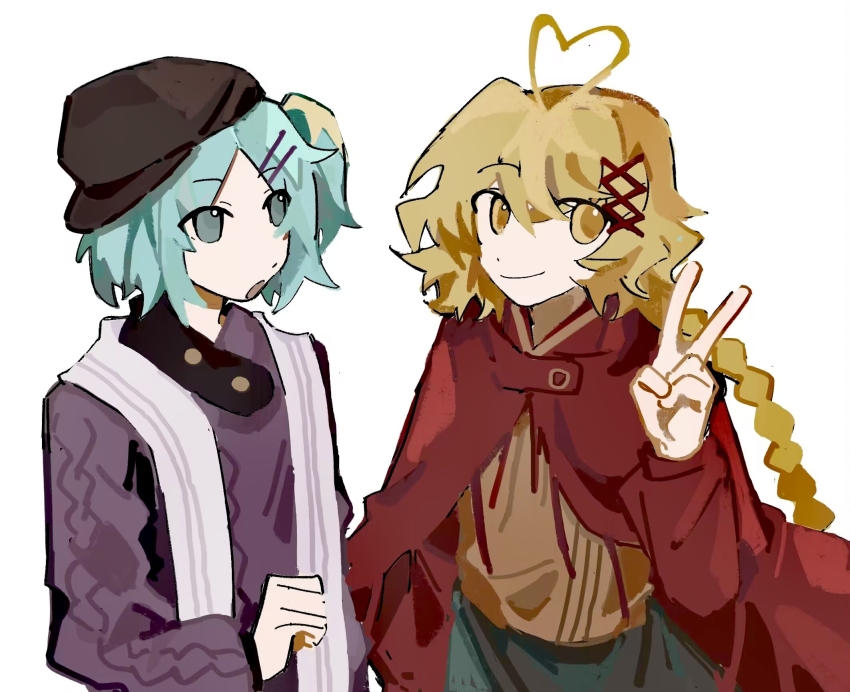 2others aaayamitsu adapted_costume androgynous antenna_hair black_skirt blonde_hair blue_eyes blue_hair braid brown_headwear brown_shirt chinese_commentary cloak closed_mouth commentary_request fujiwara_no_iyozane hair_ornament hairclip hand_up hat heart_antenna_hair highres len&#039;en long_hair long_sleeves multiple_others ooama_no_ake_no_mitori open_mouth other_focus purple_sweater red_cloak shirt short_hair side_ponytail simple_background skirt smile step-siblings sweater v white_background x_hair_ornament