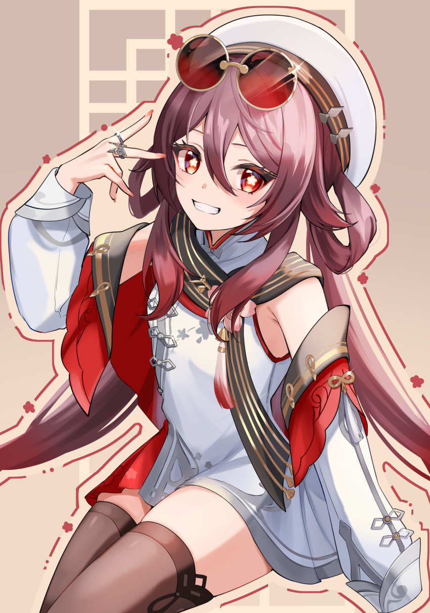 1girl absurdres alternate_costume bare_shoulders beret black_thighhighs brown_hair brown_thighhighs chinese_clothes commentary_request detached_sleeves dress eyewear_on_head flower-shaped_pupils genshin_impact gradient_hair grin hair_between_eyes hair_rings hat highres hu_tao_(cherries_snow-laden)_(genshin_impact) hu_tao_(genshin_impact) jacket jewelry long_hair long_sleeves looking_at_viewer marufus mixed-language_text multicolored_hair nail_polish red_eyes ring short_dress sidelocks sitting sleeveless smile solo sunglasses symbol-shaped_pupils teeth thighhighs twintails very_long_hair white_dress zettai_ryouiki