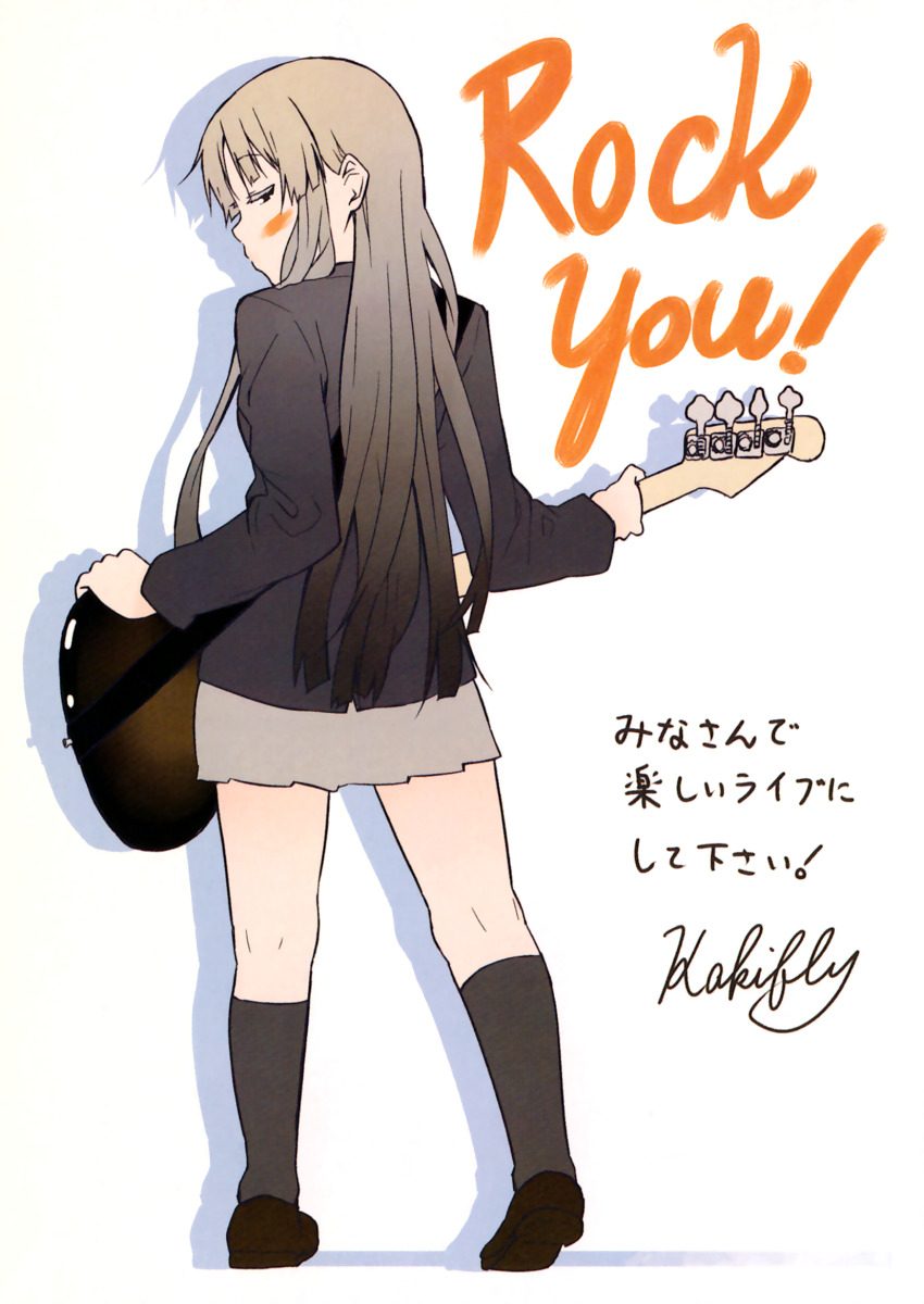 1girl akiyama_mio artist_name back bass_guitar black_eyes black_hair black_socks blazer blush brown_shoes english_text facing_to_the_side fender_jazz_bass full_body grey_skirt highres hime_cut holding holding_instrument instrument jacket k-on! kakifly long_hair looking_at_viewer non-web_source official_art sakuragaoka_high_school_uniform scan school_uniform shadow shoes signature skirt socks translation_request white_background winter_uniform