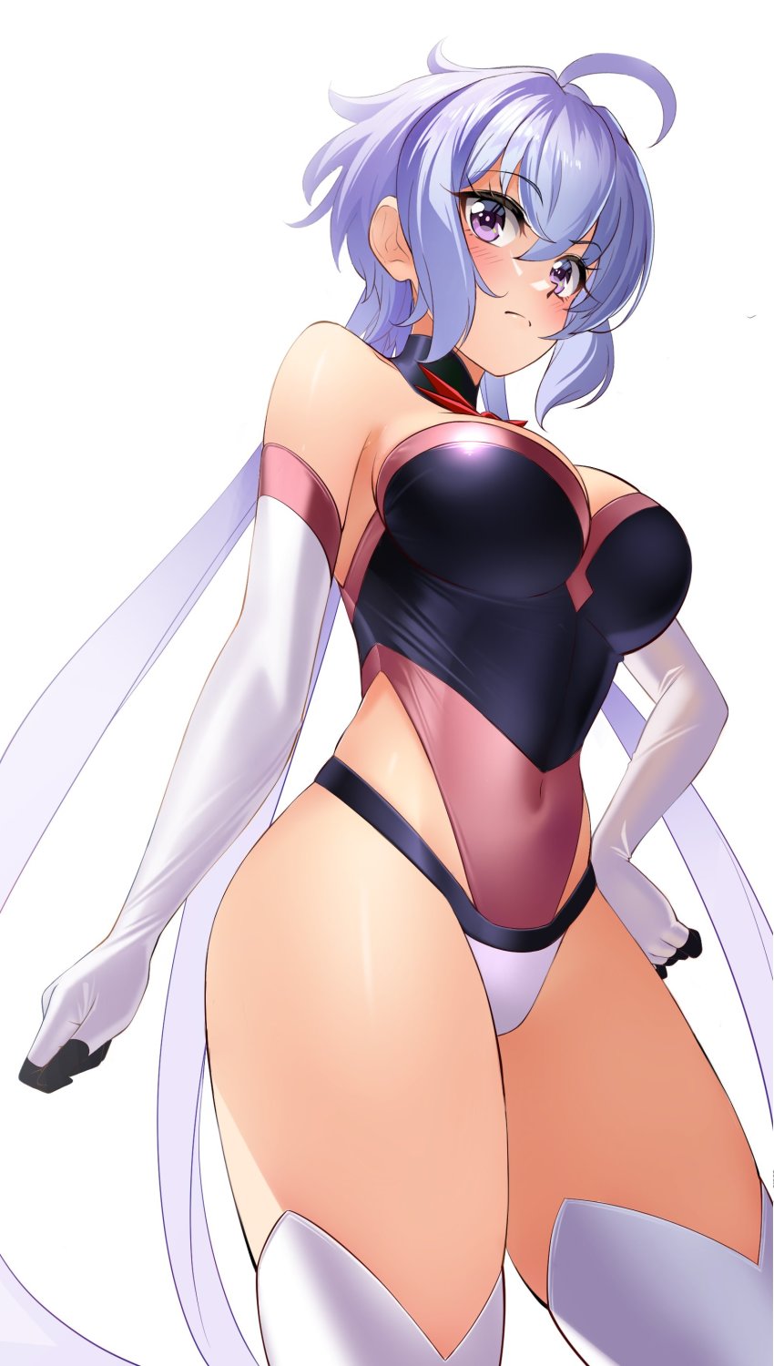 1girl absurdres ahoge blush breasts cleavage closed_mouth covered_navel elbow_gloves gloves hair_between_eyes hand_on_own_hip highleg highleg_leotard highres large_breasts leotard long_hair nyanmaru purple_eyes senki_zesshou_symphogear silver_hair simple_background solo standing thighhighs very_long_hair white_background white_gloves white_thighhighs yukine_chris