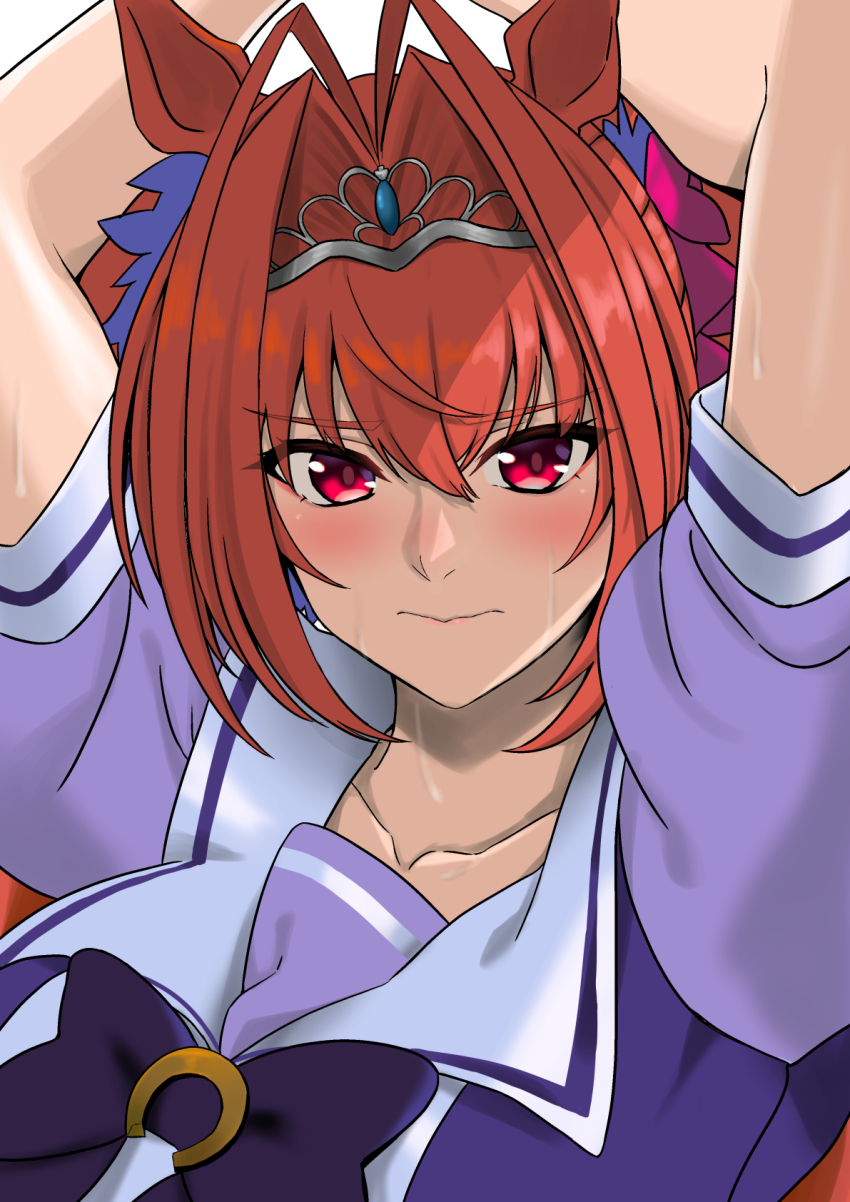 1girl animal_ears antenna_hair arms_up blush bow breasts closed_mouth collarbone commentary_request daiwa_scarlet_(umamusume) hair_between_eyes hair_bow hair_intakes hakase_yurisuki highres horse_ears horse_girl large_breasts long_hair looking_at_viewer pink_bow puffy_short_sleeves puffy_sleeves purple_bow purple_shirt red_eyes red_hair sailor_collar school_uniform shirt short_sleeves simple_background solo sweat tiara tracen_school_uniform twintails umamusume white_background