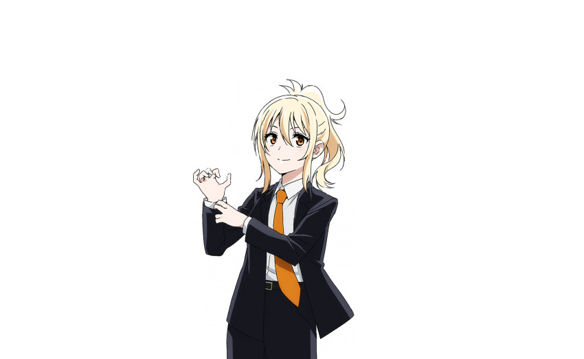 1girl belt belt_buckle black_belt black_pants black_suit blonde_hair buckle business_suit closed_mouth clothes_grab collared_shirt cowboy_shot formal_clothes hands_up highres long_sleeves looking_at_viewer love_live! love_live!_nijigasaki_high_school_idol_club love_live!_school_idol_festival_2 medium_hair miyashita_ai necktie official_art open_clothes orange_eyes orange_necktie pants ponytail shirt sidelocks solo suit white_shirt