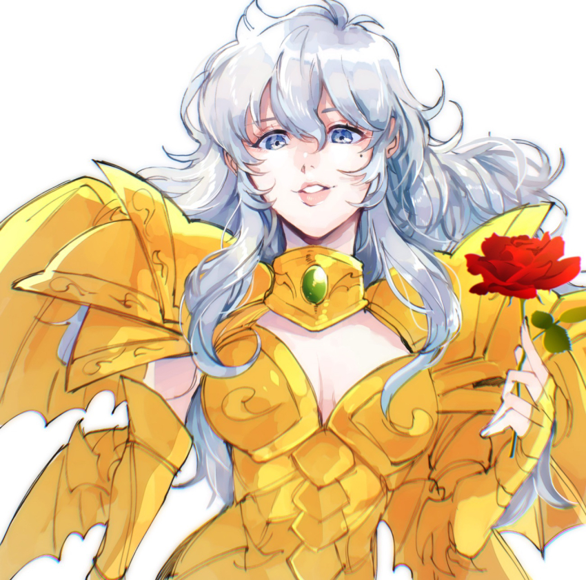 1girl armor back_fin blue_hair breasts cleavage cleavage_cutout clothing_cutout flower gem genderswap genderswap_(mtf) gold_armor gold_cloth gold_saint green_gemstone hand_up highres holding holding_flower jewelry long_hair metal_wings mole mole_under_eye multiple_wings neck_ring parted_lips pauldrons pink_lips pisces_aphrodite red_flower red_rose rose saint_seiya saint_seiya:_soul_of_gold shoulder_armor upper_body user_wxuf7532 wing_armor wings