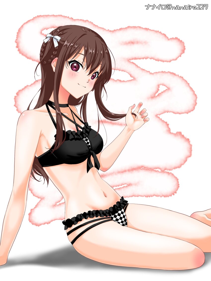 1girl 22/7 artist_name barefoot bikini black_bikini blush bow braid braided_hair_rings brown_eyes brown_hair collarbone frilled_bikini frills from_side hair_bow hair_rings hand_on_floor highres long_hair looking_at_viewer nanairo_(nanairo227) navel sitting smile solo swimsuit tachikawa_ayaka twin_braids two_side_up white_background white_bow yokozuwari