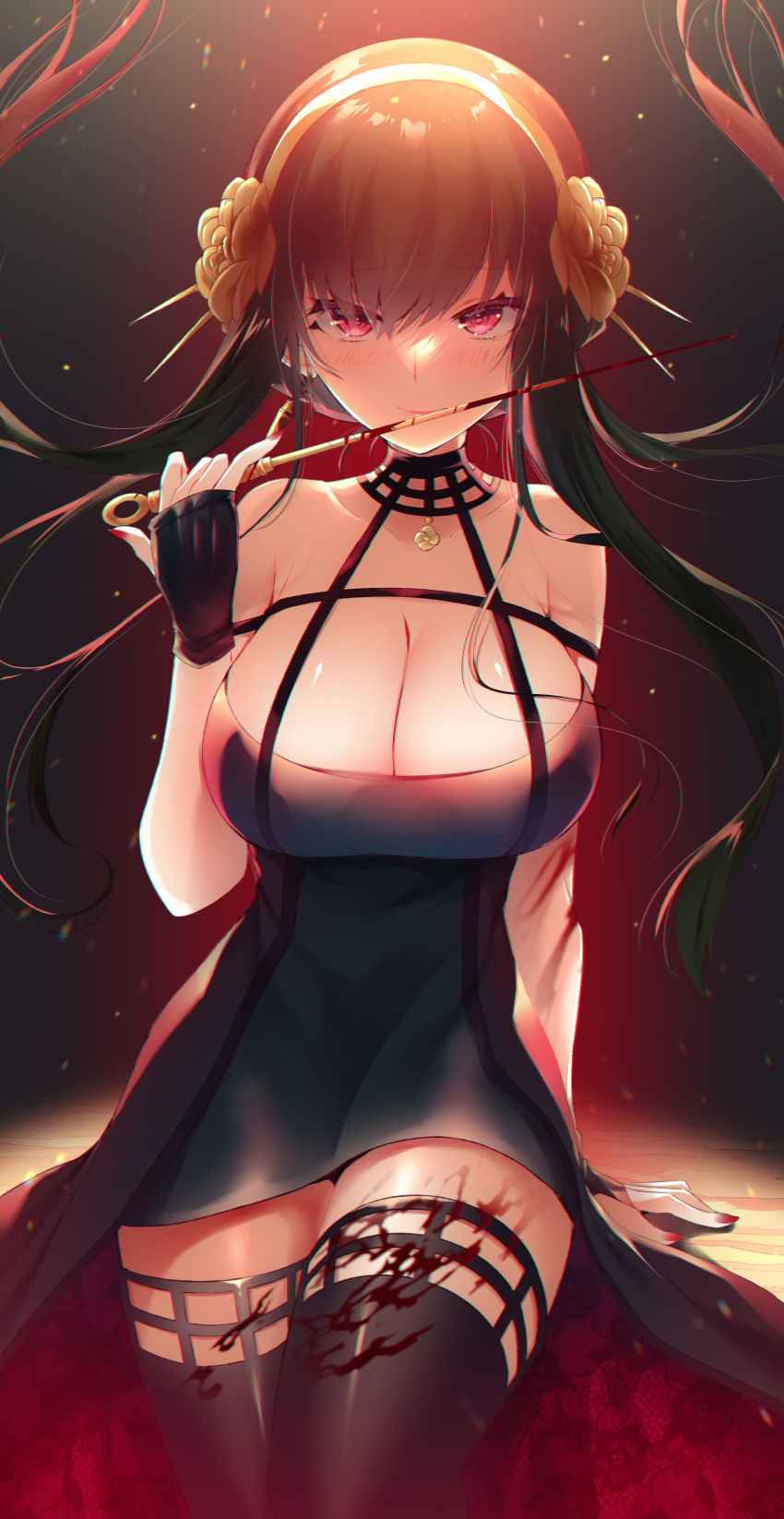 1girl absurdres bare_shoulders black_dress black_gloves black_hair black_thighhighs blood breasts cleavage dagger dress fingerless_gloves flower gloves gold_hairband hair_flower hair_ornament hairband highres knife ko_yu large_breasts long_hair looking_at_viewer red_eyes rose sidelocks solo spy_x_family thighhighs thighs two-sided_dress two-sided_fabric weapon yor_briar