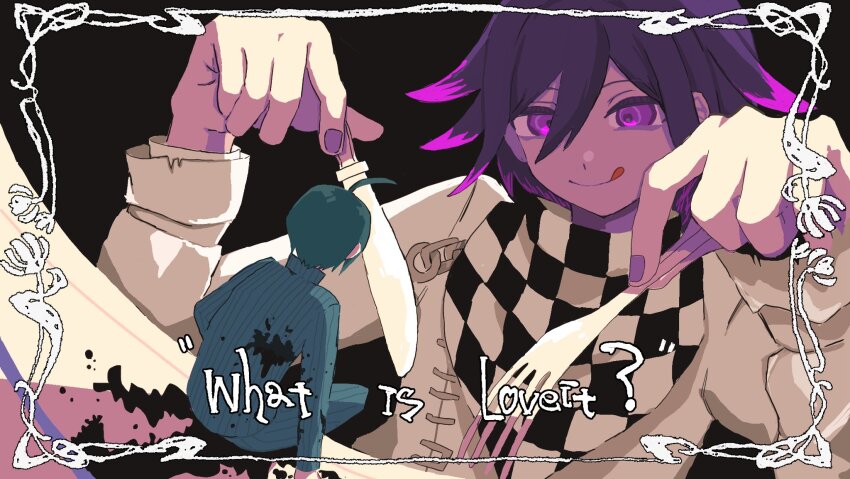 2boys ahoge black_blood blood blood_on_clothes checkered_clothes checkered_scarf commentary_request cutlery danganronpa_(series) danganronpa_v3:_killing_harmony english_text flipped_hair hair_between_eyes highres licking_lips long_sleeves loveit?_(biz) male_focus mini_person multiple_boys nail_polish oma_kokichi pants purple_eyes purple_hair purple_nails ringed_eyes saihara_shuichi scarf shiosai_310 short_hair size_difference smile tongue tongue_out two-tone_scarf yaoi