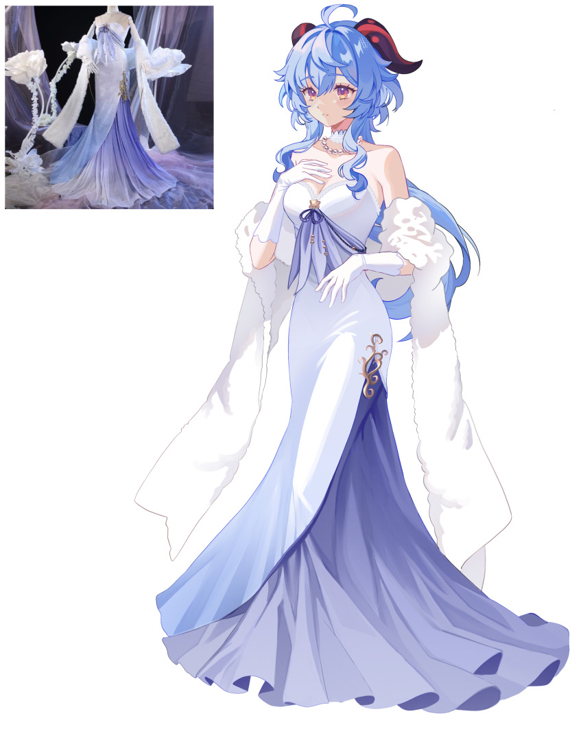 1girl absurdres ahoge alternate_costume bare_shoulders bead_necklace beads blue_hair breasts choker cleavage commentary commission dress english_commentary full_body ganyu_(genshin_impact) genshin_impact gloves hand_on_own_chest highres horns izukaiart jewelry long_dress long_hair looking_at_viewer medium_breasts necklace photo_inset purple_dress purple_eyes reference_inset shawl solo standing strapless strapless_dress two-tone_dress very_long_hair white_background white_choker white_dress white_gloves white_shawl