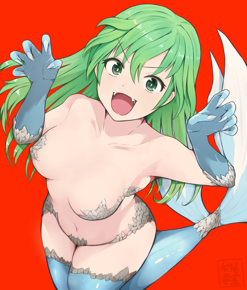 1girl absurdres breasts claw_pose claws collarbone commentary_request demon_(megami_tensei) fangs green_eyes green_hair highres kekkan_fortress long_hair medium_breasts mermaid mermaid_(megami_tensei) monster_girl navel open_mouth red_background shin_megami_tensei simple_background smile solo v-shaped_eyebrows yellow_pupils
