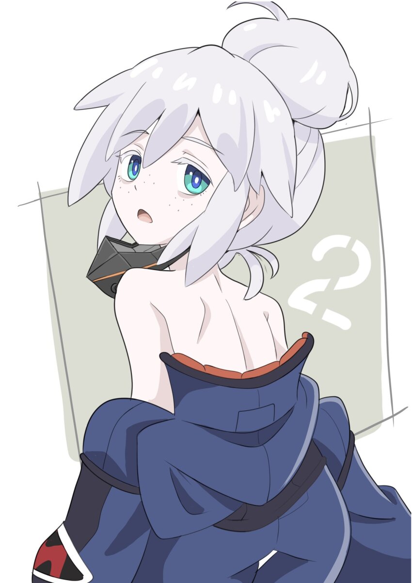 1girl black_mask blue_eyes blue_jacket colored_eyelashes commentary_request deux_murasame freckles grey_hair gundam gundam_gquuuuuux hair_bun highres jacket long_hair looking_at_viewer mask masked median_furrow mouth_mask open_mouth petite purple_pupils shimouki_izui shoulder_blades sidelocks simple_background solo unworn_mask updo white_background white_eyelashes white_hair