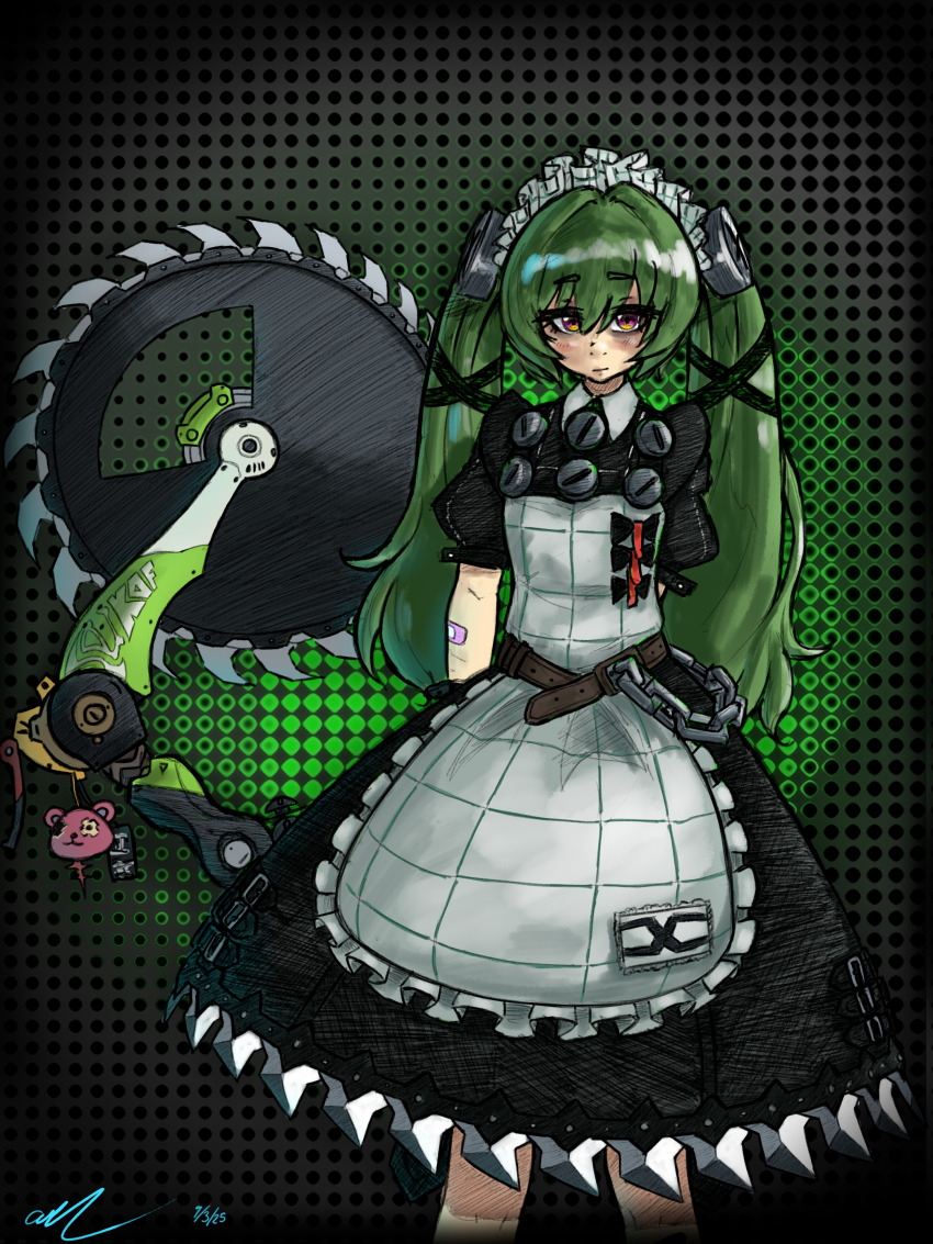 1girl absurdres aidan_(sakuyaenjoyer) apron bandaid bandaid_on_arm belt black_background black_dress blush chain circular_saw corin_wickes dress green_background green_hair hair_between_eyes highres holding holding_saw holding_weapon long_hair looking_at_viewer maid maid_headdress puffy_short_sleeves puffy_sleeves purple_eyes saw screw_hair_ornament short_sleeves solo twintails two-tone_background weapon white_apron zenless_zone_zero