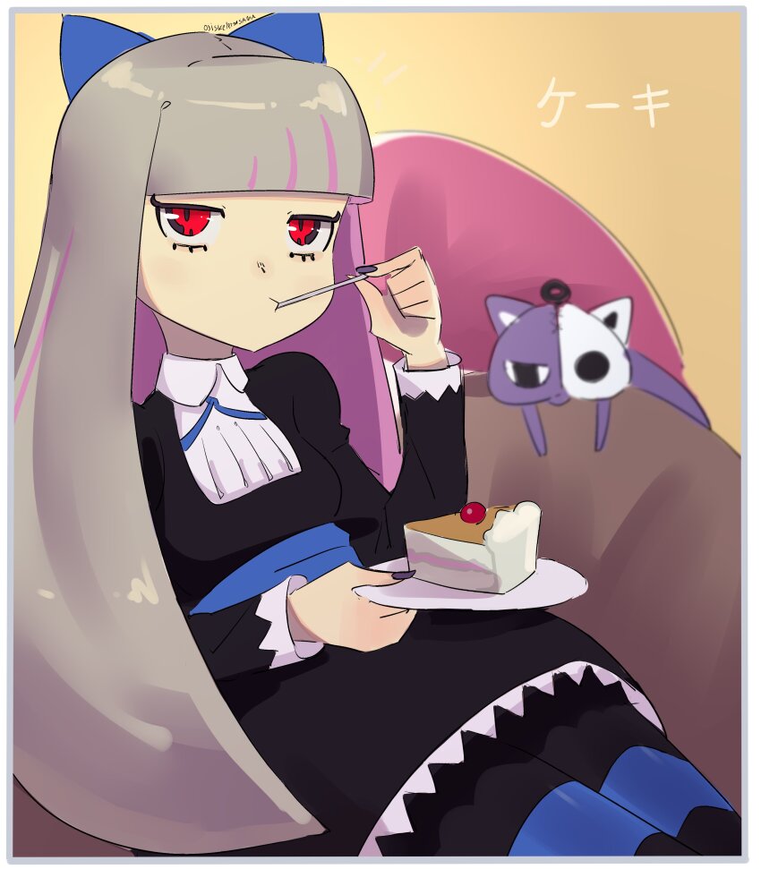 1girl absurdres bloody_marie_(skullgirls) blunt_bangs bow cake cake_slice chair cosplay dress eating food grey_hair hair_bow half-closed_eyes highres japanese_text juliet_sleeves long_sleeves looking_at_viewer multicolored_hair ojiskeleton panty_&amp;_stocking_with_garterbelt pantyhose plate puffy_sleeves purple_hair red_eyes sitting skullgirls solo stocking_(psg) stocking_(psg)_(cosplay) striped_clothes striped_pantyhose two-tone_hair yellow_background