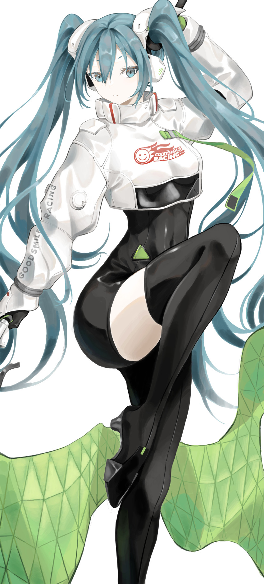 1girl absurdres aqua_eyes aqua_hair asymmetrical_bodysuit black_bodysuit bodysuit cropped_jacket flag gloves goodsmile_company goodsmile_racing hair_between_eyes hatsune_miku highres holding holding_flag jacket kyoko_(zeprii4) long_hair long_sleeves looking_at_viewer race_queen racing_miku racing_miku_(2022) solo twintails very_long_hair vocaloid white_jacket