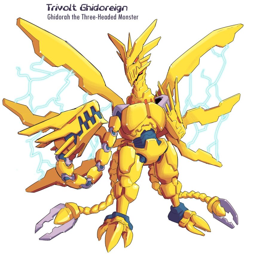 2000s_(style) armor capcom character_name electricity extra_tails godzilla_(series) highres humanoid_robot kaiju karakatodzo king_ghidorah looking_at_viewer mecha mechanical_tail mechanical_wings mega_man_(series) mega_man_zero_(series) multiple_heads multiple_wings nakayama_tooru_(style) non-humanoid_robot parody robot robot_dragon style_parody tail toho wings yellow_armor