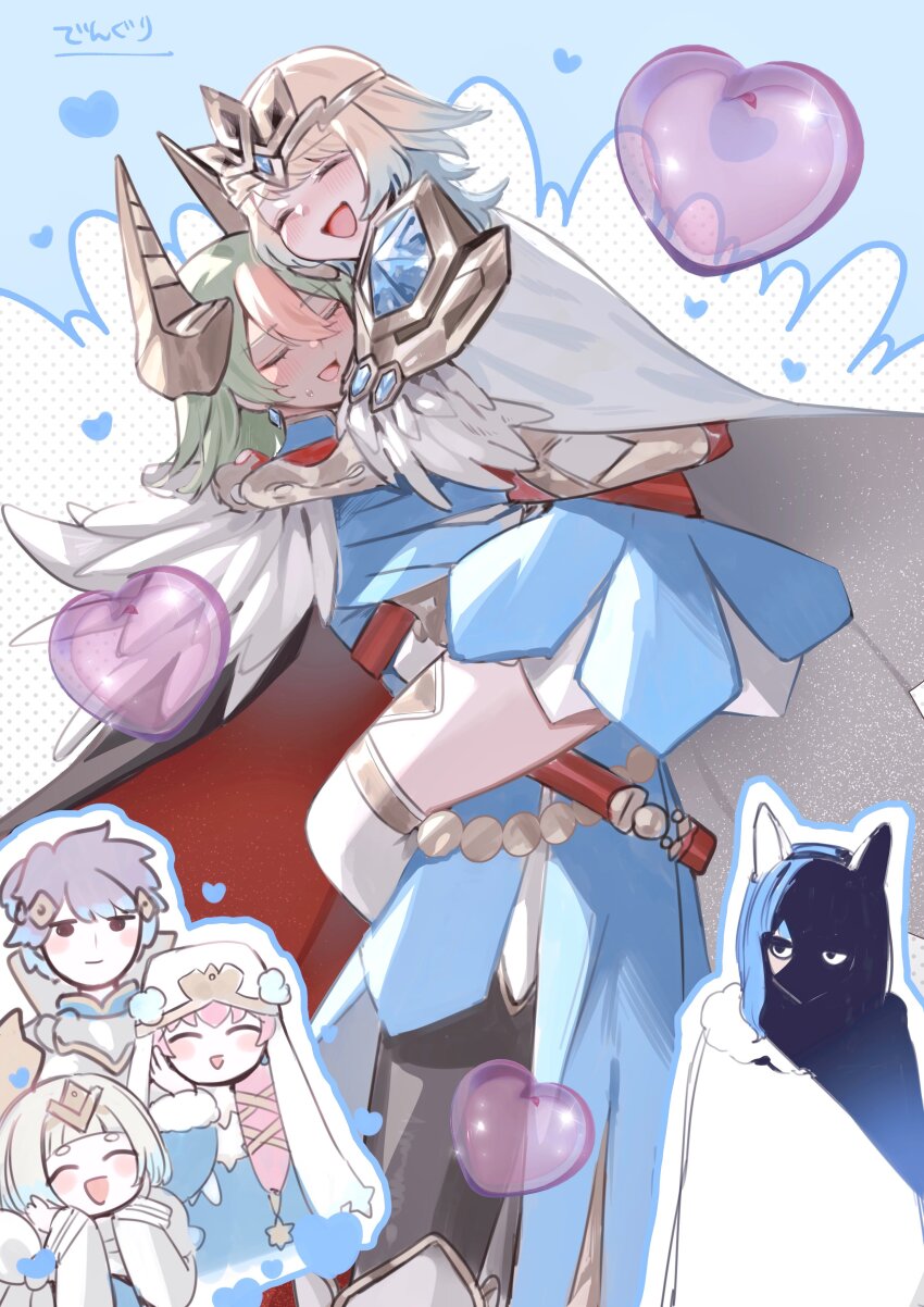 1boy 5girls absurdres black_cape blonde_hair blue_dress blue_hair blush cape closed_eyes closed_mouth dark-skinned_female dark_skin dress fake_horns fire_emblem fire_emblem_heroes fjorm_(fire_emblem) glomp green_hair gunnthra_(fire_emblem) hair_between_eyes heart highres horns hrid_(fire_emblem) hug laegjarn_(fire_emblem) laegjarn_(resplendent)_(fire_emblem) leg_lock lifting_person long_sleeves multicolored_hair multiple_girls nifl_(fire_emblem) nintendo official_alternate_costume open_mouth pink_hair red_cape sakuramotikun short_hair standing_leg_lock sweatdrop thighhighs two-tone_cape two-tone_hair white_cape white_thighhighs ylgr_(fire_emblem) yuri