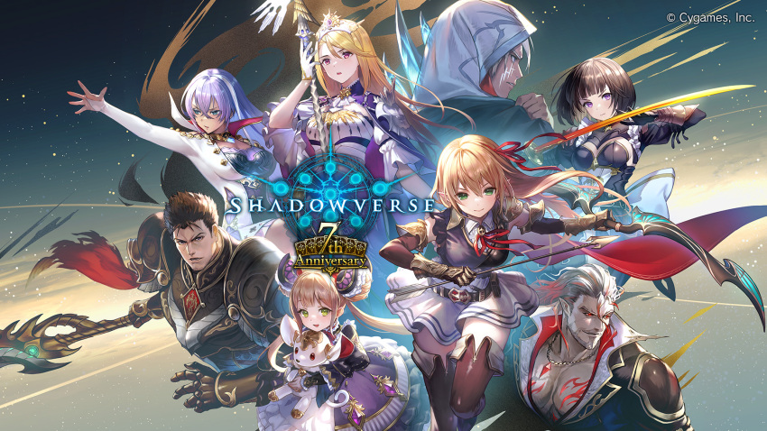 anthule_eris_(shadowverse) arisa_(shadowverse) armor artist_request blonde_hair bow_(weapon) breasts cleavage cloak copyright_name dragespear_rowen_(shadowverse) everyone formonde_urias_(shadowverse) gilfrei_yuwan_(shadowverse) green_eyes hair_ribbon highres holding holding_weapon isabelle_(shadowverse) large_breasts long_hair luna_(shadowverse) medium_breasts multicolored_hair multiple_girls official_art red_eyes ribbon shadowverse short_hair skirt stuffed_toy sumeragi_erika_(shadowverse) sword weapon