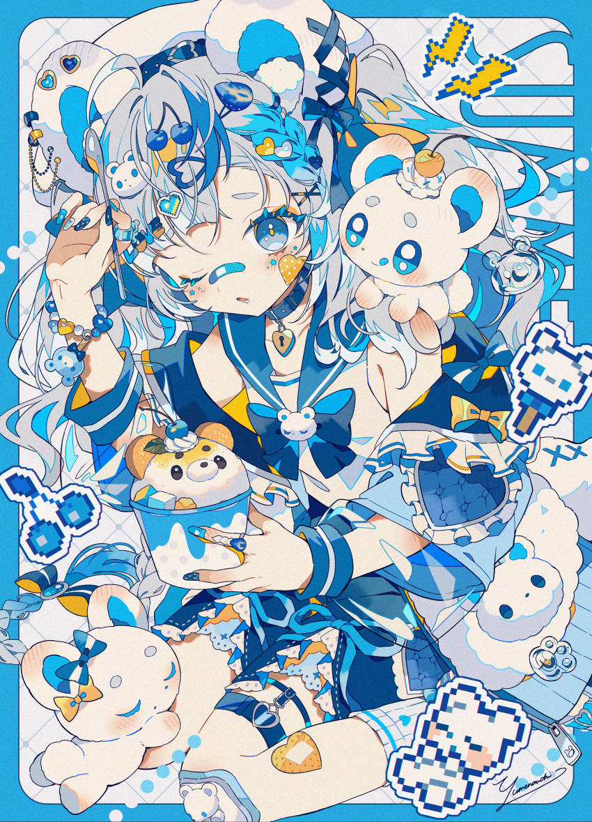 1girl :q animal animal-themed_food animal_ear_fluff animal_ear_piercing animal_ears animal_on_shoulder bandaid bandaid_on_cheek bandaid_on_face bandaid_on_leg bandaid_on_nose bead_bracelet beads bear bear_ears bear_hair_ornament belt_collar beret blue_bow blue_bowtie blue_cherry blue_collar blue_eyes blue_jacket blue_nails blue_sailor_collar blue_shorts bow bowtie bracelet braid brain_freeze cherry cherry_hair_ornament collar commentary ear_ribbon food food-themed_hair_ornament fruit full_body grey_hair hair_bow hair_ornament hairclip hand_up hat heart heart-shaped_bandaid heart-shaped_lock heart_collar heart_hair_ornament highres holding holding_food holding_spoon ice ice_cube jacket jewelry keyhole knee_pads leaf light_blush long_hair long_sleeves looking_at_viewer lower_teeth_only multicolored_nails nail_art nail_polish off_shoulder one_eye_closed original parted_lips ring sailor_collar see-through_clothes see-through_sleeves shaved_ice shirt shorts signature sitting sleeve_cuffs sleeveless sleeveless_shirt socks solo spoon star_(symbol) star_in_eye striped_bow symbol_in_eye teeth thigh_strap tongue tongue_out wariza white_hat white_shirt white_socks x_hair_ornament yellow_bow yumenouchi_chiharu zipper_pull_tab