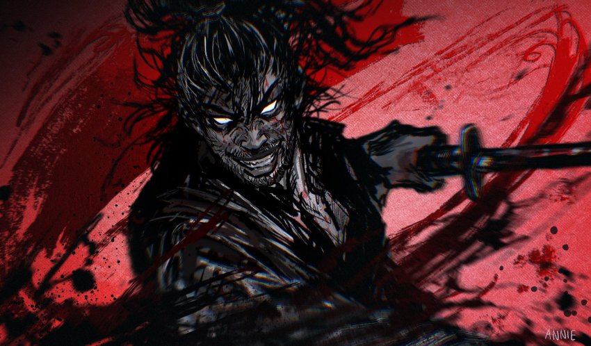 1boy anniechromes beard blank_eyes facial_hair grin high_ponytail highres holding holding_sword holding_weapon katana looking_at_viewer male_focus messy_hair miyamoto_musashi_(vagabond) partially_colored ponytail red_background scabbard sheath sheathed smile solo sword v-shaped_eyebrows vagabond weapon