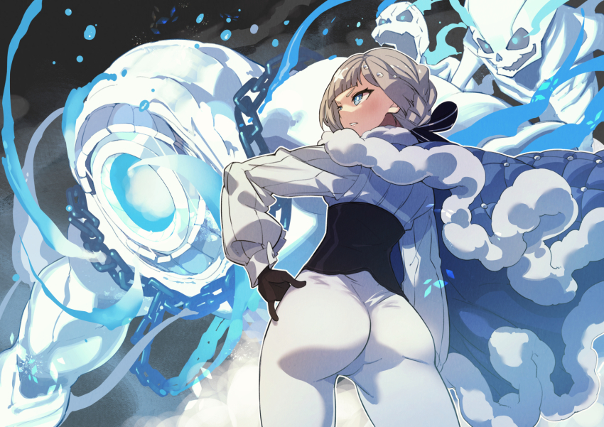 1girl akershus_fortress_(oshiro_project) ass black_gloves blue_cape blue_cloak blue_eyes bodysuit braid cape chain cloak corset fluff fur-trimmed_cape fur-trimmed_cloak fur_trim gloves grey_hair hair_ornament highres long_sleeves monster night oshiro_project:re oshiro_project:re padded_cloak pants short_hair skeleton thighs tight_clothes tight_pants ushiki_yoshitaka white_bodysuit
