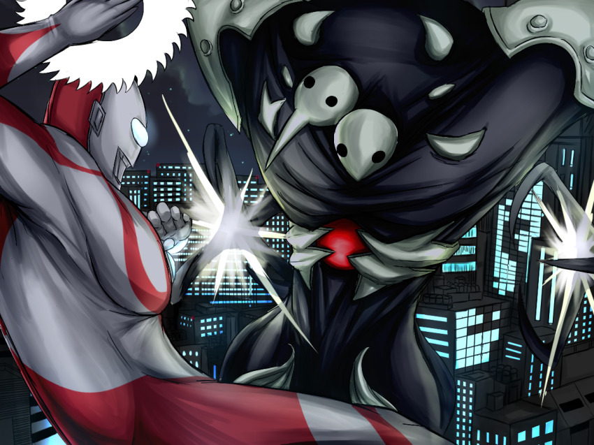 1boy alien angel_(evangelion) black_eyes blue_eyes city city_shrouded_in_shadow claws crossover energy energy_disc energy_saw fighting gainax giant giant_monster glowing glowing_eyes granzella kaiju khara_(animation_studio) monster multiple_heads neon_genesis_evangelion night no_humans no_pupils pincers rebuild_of_evangelion sachiel_(evangelion) saw seijin sky star_(sky) starry_sky superhero_costume tatsunoko_production tkmmayuge tsuburaya_productions ultra_series ultra_slash ultraman ultraman_(1st_series)