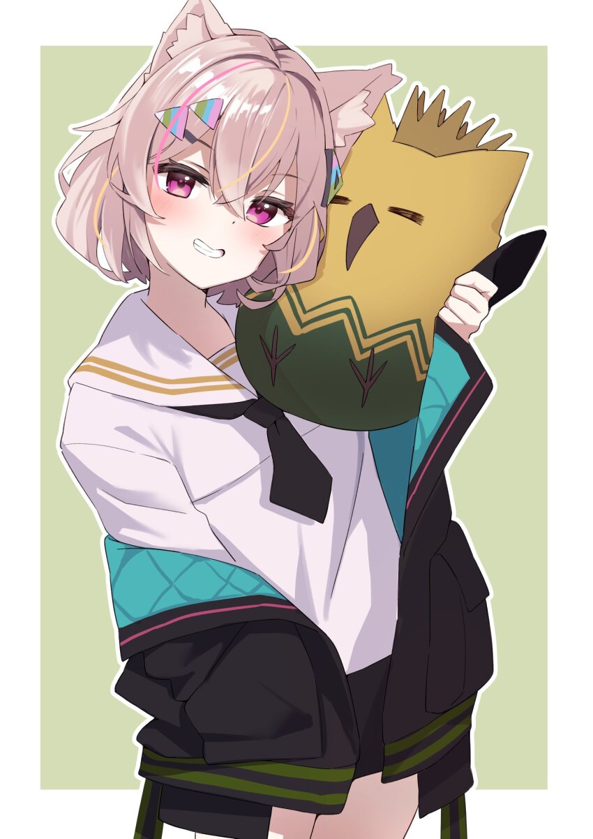 1girl animal_ear_fluff animal_ears bird black_jacket black_neckerchief black_necktie black_skirt blush border cat_ears cat_girl cowboy_shot creature cropped_legs crown green_background grin hair_between_eyes hair_ornament hairclip head_tilt highres holding jacket long_sleeves looking_at_viewer miniskirt multicolored_hair multicolored_jacket neckerchief necktie off_shoulder open_clothes open_jacket outline outside_border pink_eyes pink_hair pleated_skirt puffy_long_sleeves puffy_sleeves purple_eyes sailor_collar school_uniform serafuku shirt short_hair simple_background six_box skirt smile solo streaked_hair tolass_and_wedge_(vrchat) two-sided_fabric two-sided_jacket two-tone_background vrchat white_background white_border white_outline white_sailor_collar white_shirt
