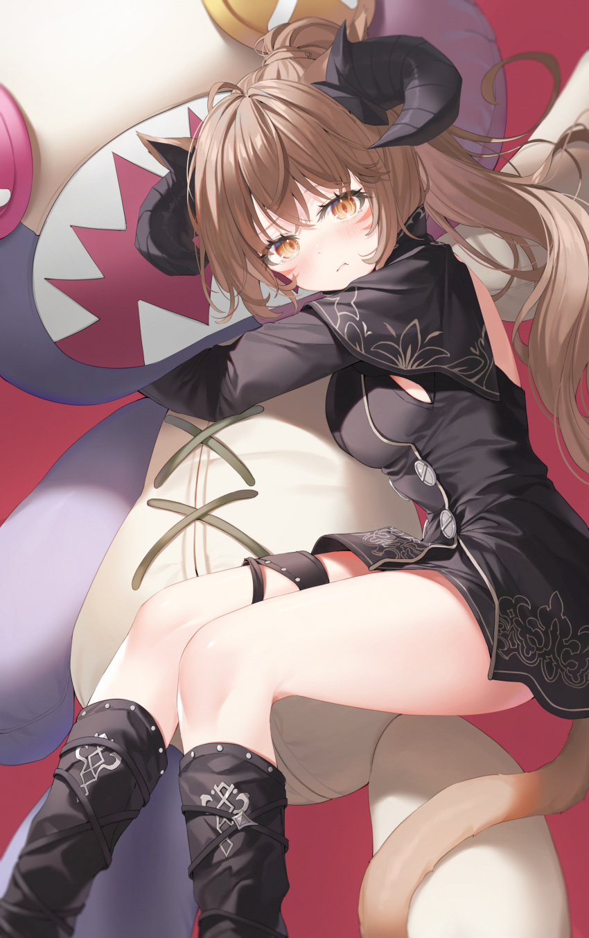 1girl absurdres animal_ears black_dress brown_eyes brown_hair cat_ears cat_girl cat_tail demon_horns dress facial_mark final_fantasy final_fantasy_xiv highres horns hugging_doll hugging_object long_hair looking_at_viewer miqo&#039;te ponytail stuffed_animal stuffed_toy tail whisker_markings yana_mori
